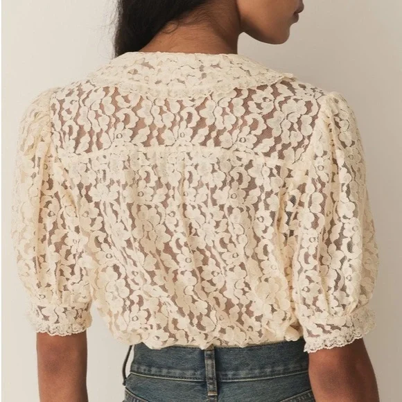 Doen Lenore Lace Collar Button Ruffle Short Sleeve Top Mother of Pearl Cream Tan - Picture 5 of 13